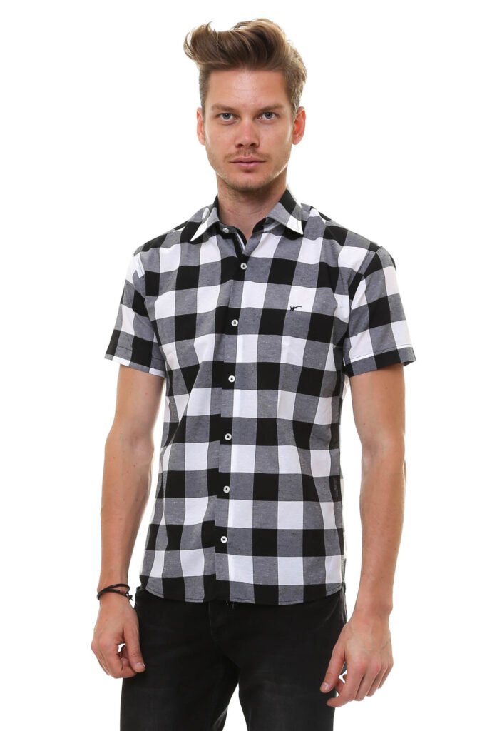 Checked Short Sleeve White-Black Men Shirt