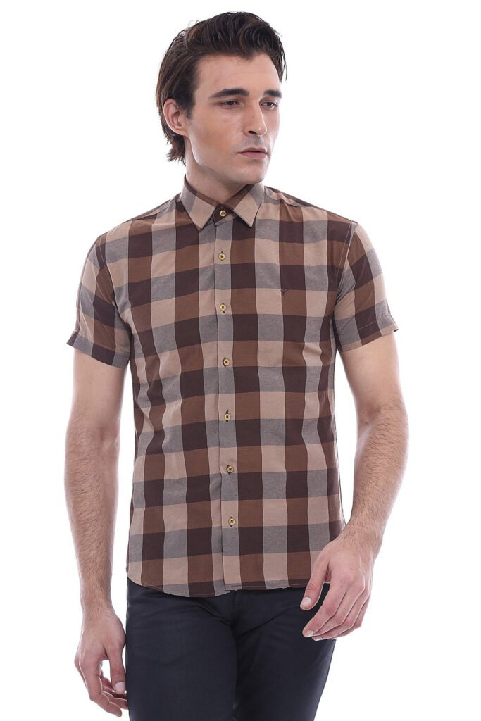 Checked Short Sleeve Brown Men Shirt