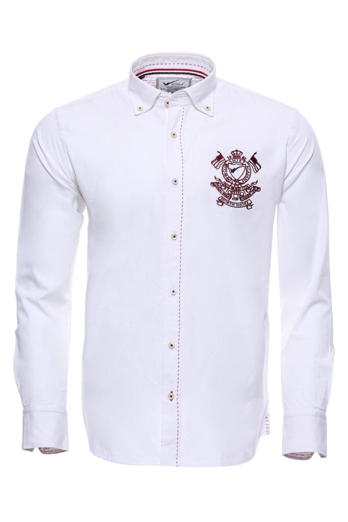 Burgundy Embroidery Pattern Long Sleeves White Men Shirt