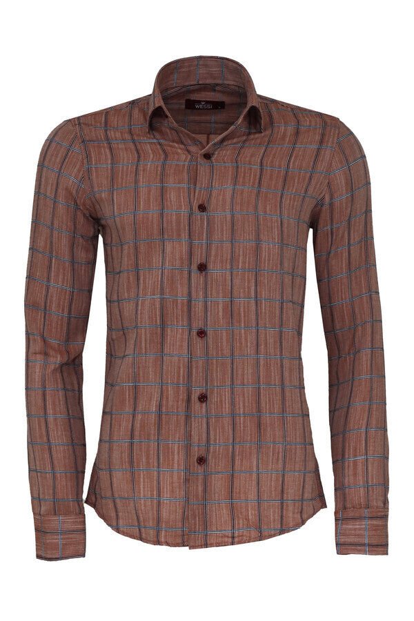 Plaid Slim Fit Brown Men Shirt