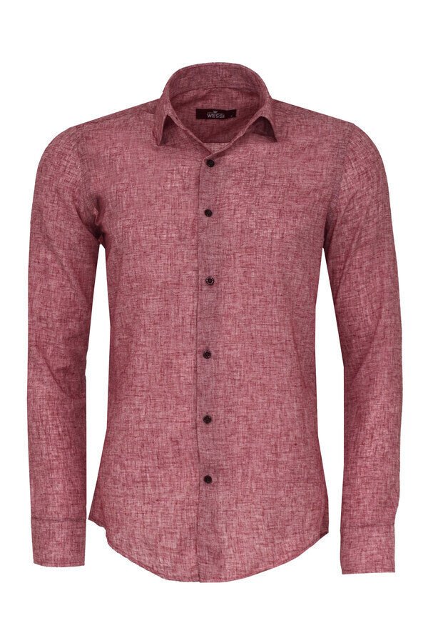 Slim Fit Patterned Burgundy Men Shirt
