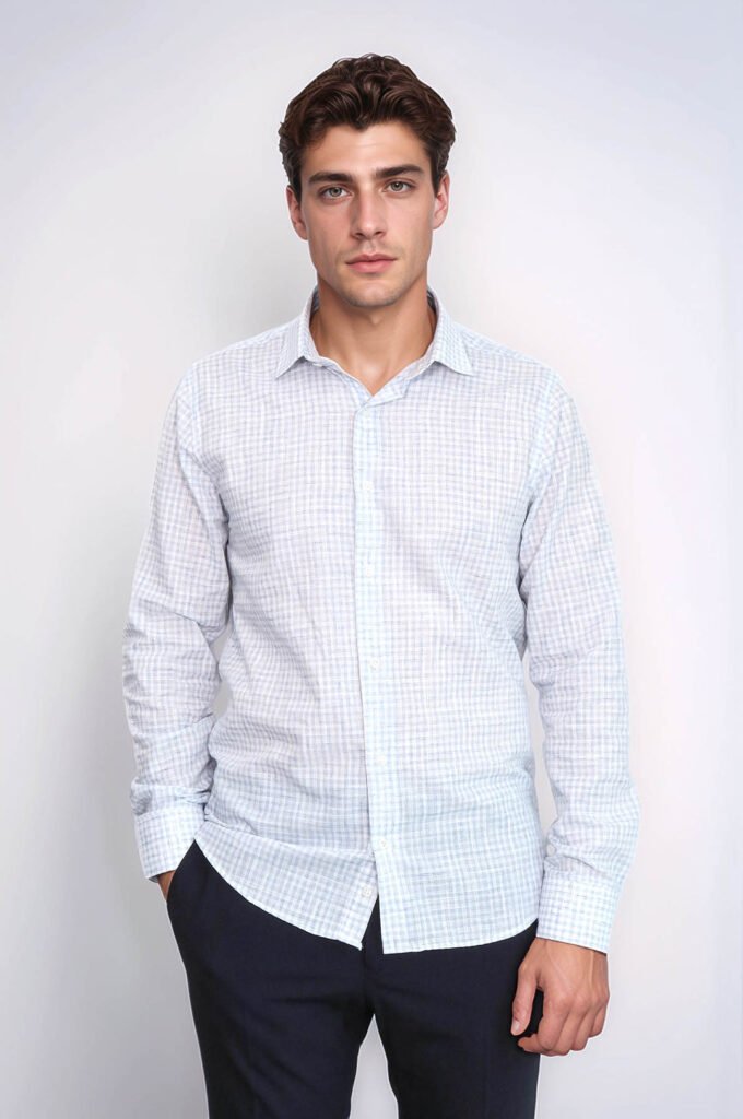 Plaid Slim Fit Sky Blue Men Shirt
