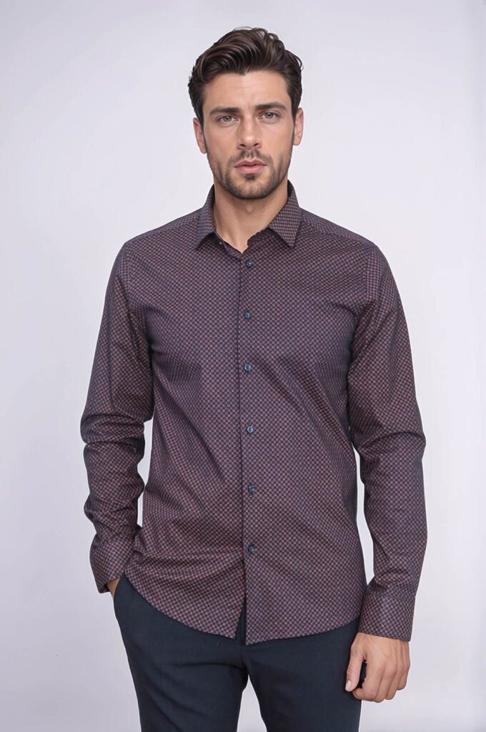 Brown Tiny Check Patterned Slim Fit Shirt