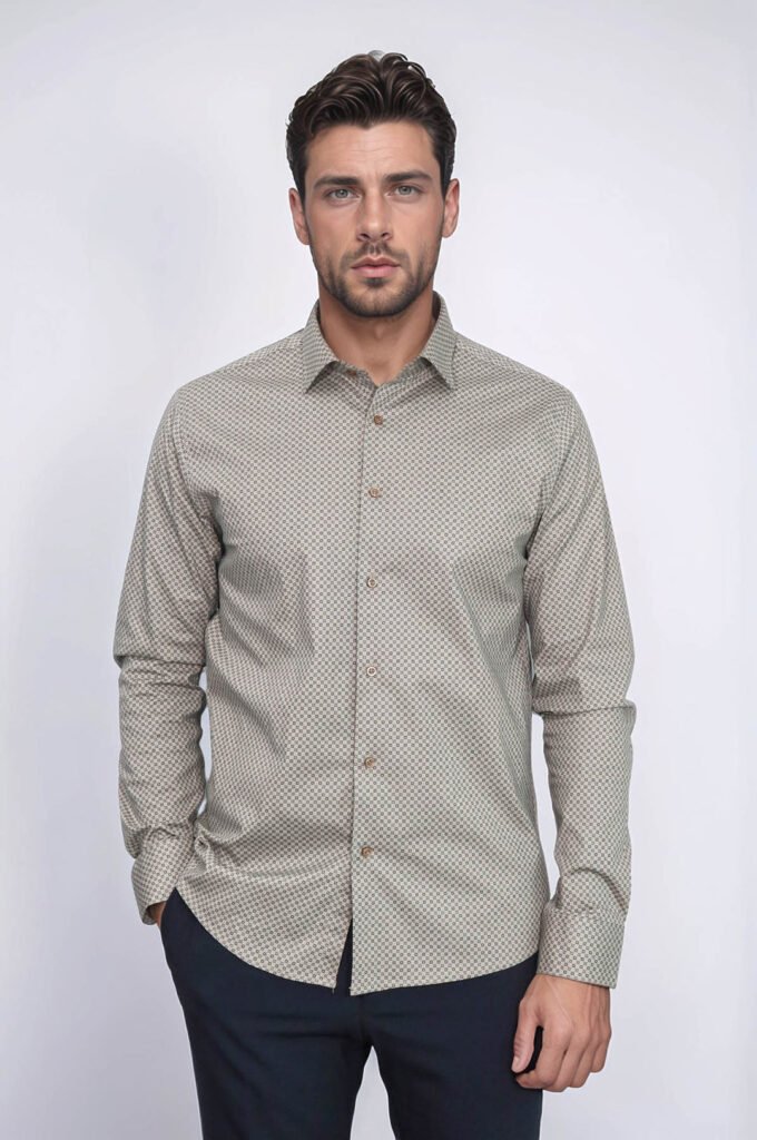 Tiny Check Patterned Slim Fit Light Brown Men Shirt