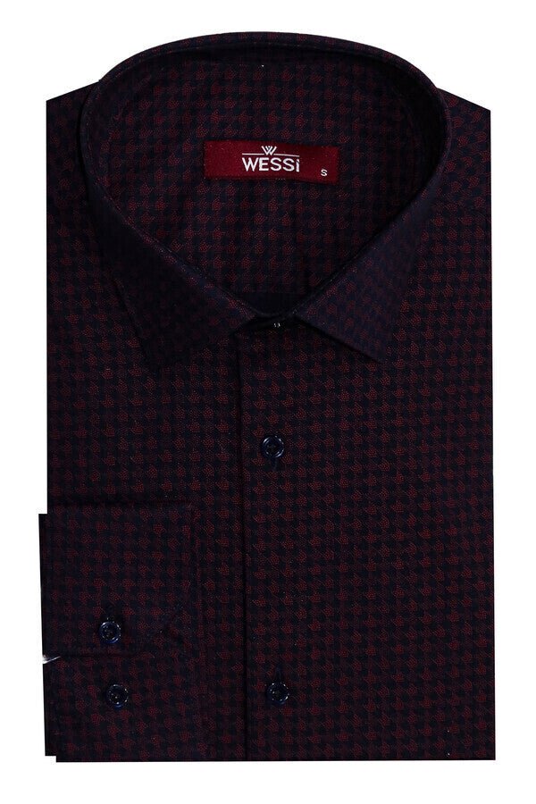 Houndstooth Pattern Slim Fit Burgundy Men Shirt