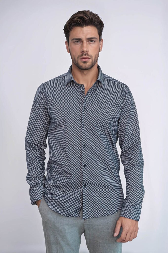 Navy Blue Tiny Check Patterned Slim Fit Shirt