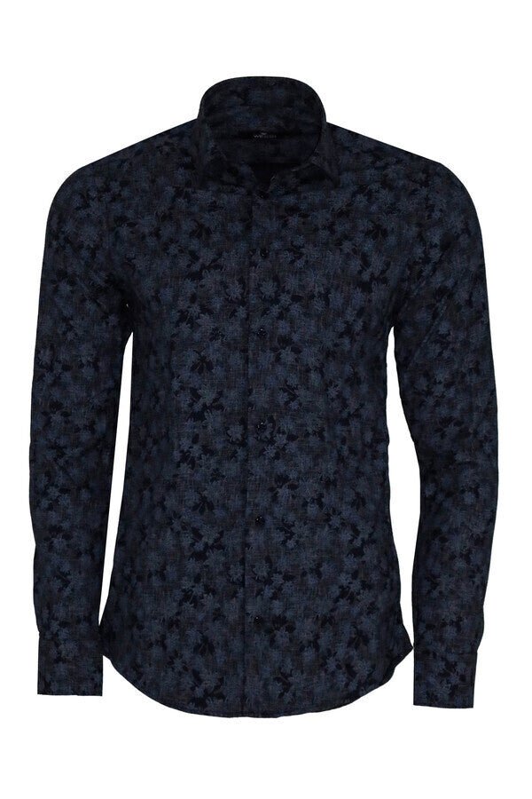 Bloom Patterned Dark Blue Slim Fir Shirt