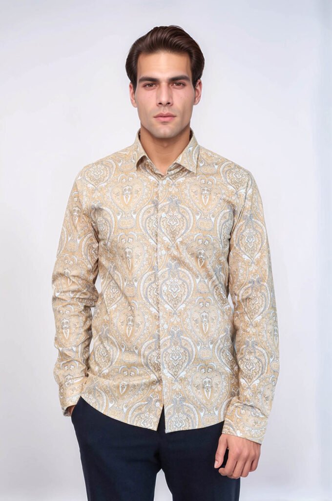 Beige Patterned Slim Fit Men's Shirt