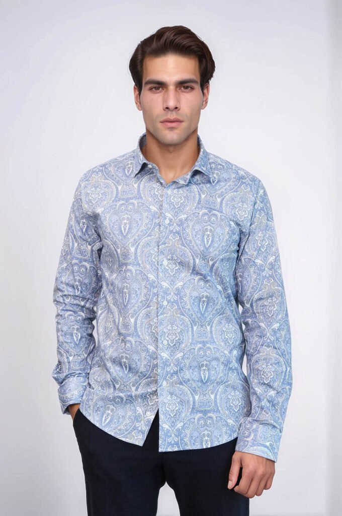 Blue Damask Pattern Slim Fit Shirt