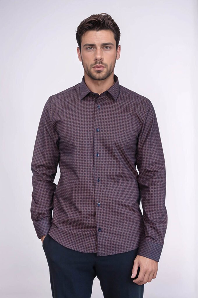 Houndstooth Pattern Slim Fit Brown Men Shirt