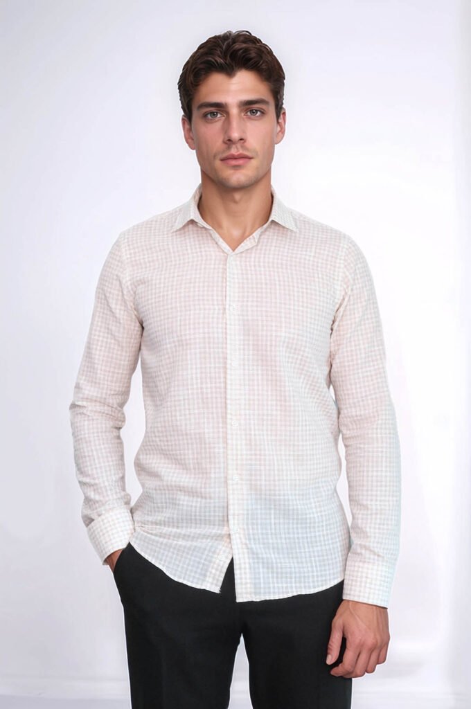 Plaid Slim Fit Light Brown Men Shirt