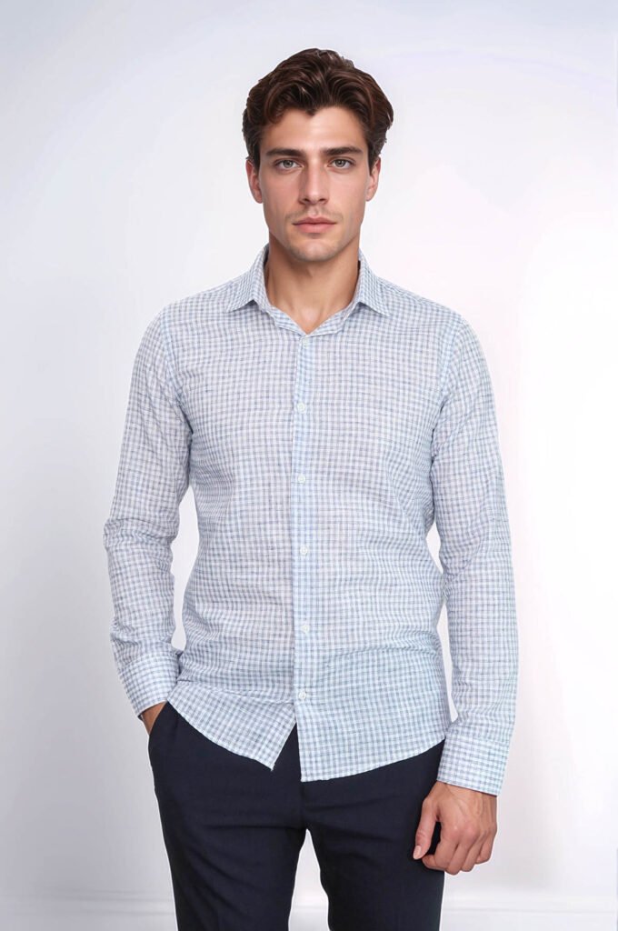 Plaid Slim Fit Navy Blue Men Shirt