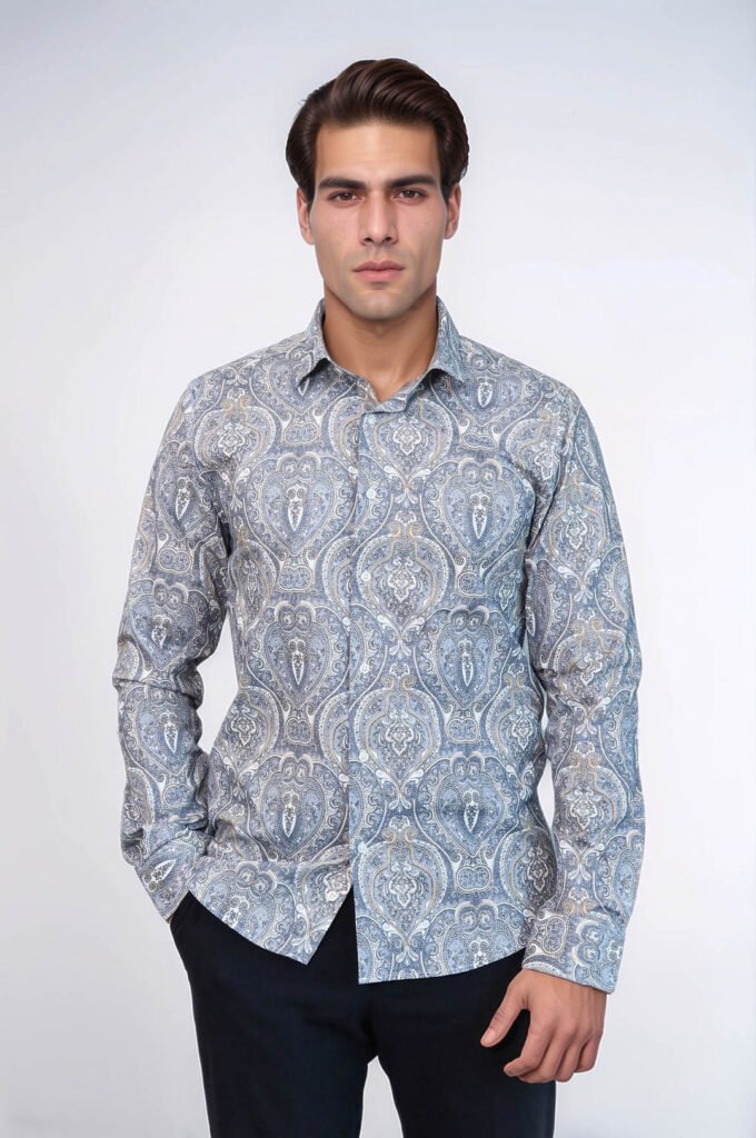 Damask Pattern Blue Slim Fit Shirt