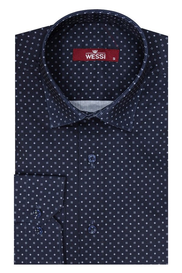 Patterned Slim Fit Navy Blue Men Shirt