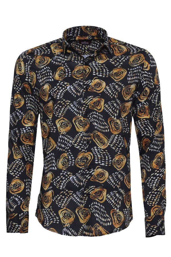 Floral Patterned Long Sleeves Slim Fit Black Men Shirt