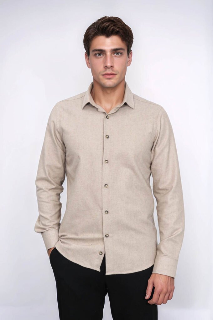 Slim Fit Cotton Plain Beige Men Lumberjack Shirt