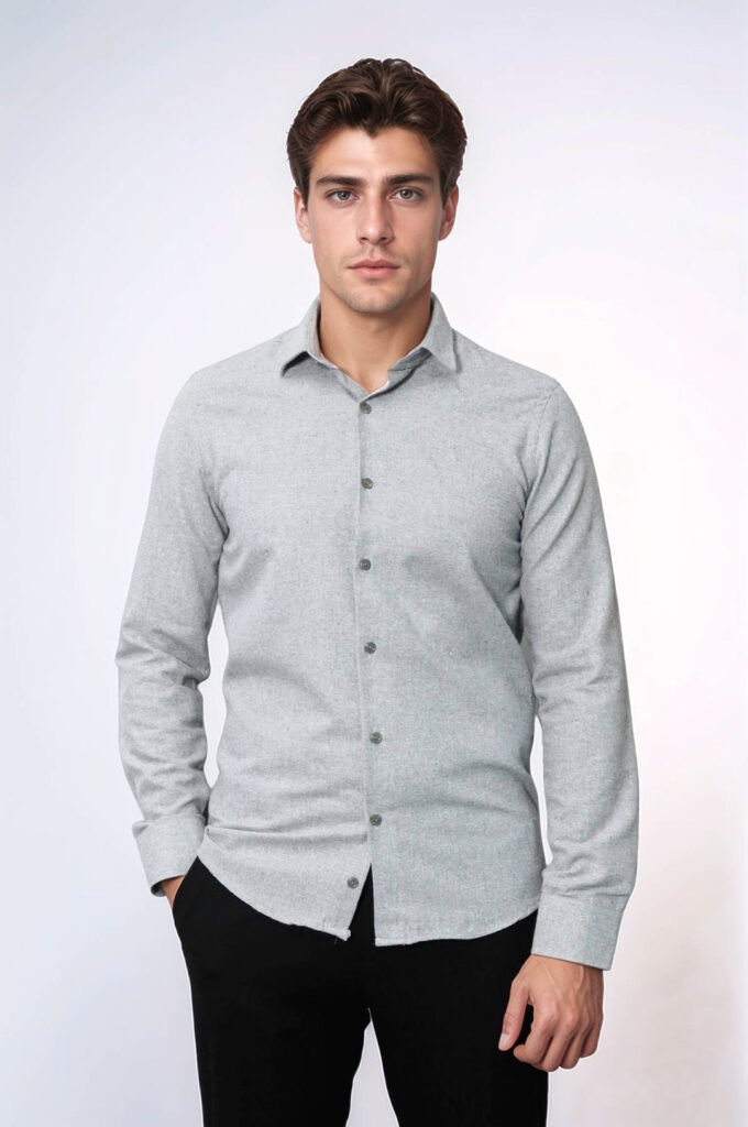 Slim Fit Plain Light Grey Men Lumberjack Shirt