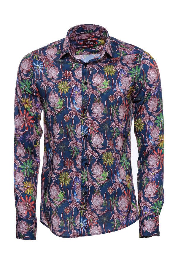 Colorful Floral Patterned Slim Fit Long Sleeves Navy Blue Men Shirt