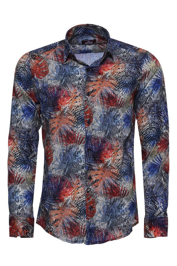 Red Leaf Patterned Navy Blue Men Shirt