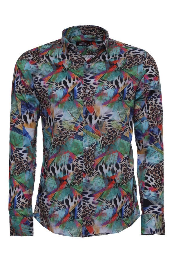 Leopard Pattern Slim Fit Long Sleeves Multicolor Men Shirt