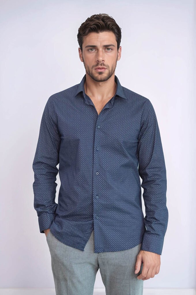 Dark Blue Tiny Check Patterned Slim Fit Shirt