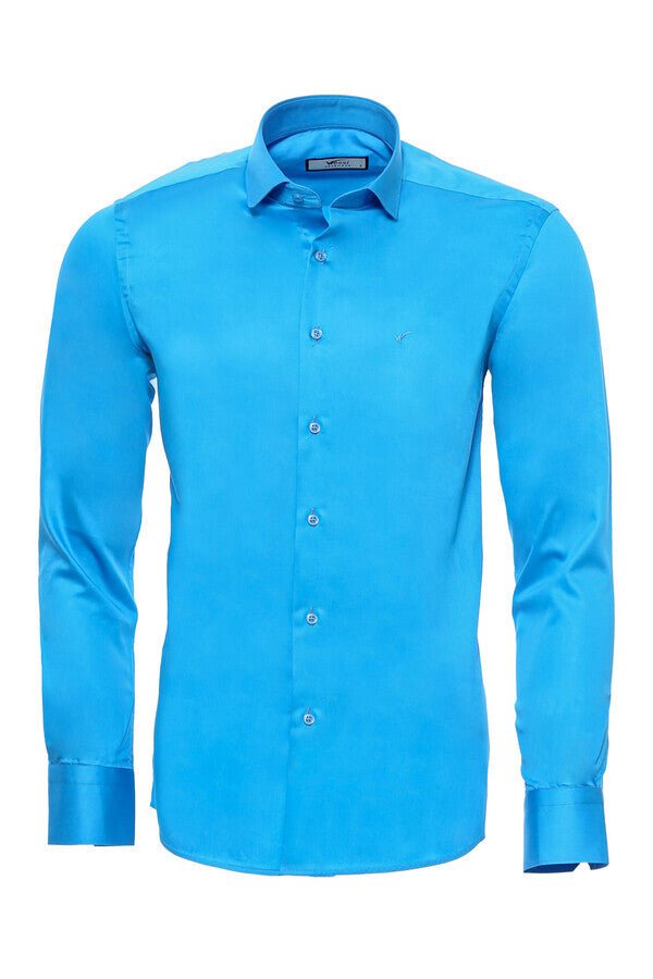 Long Sleeves Cotton Satin Slim Fit Turquoise Men Shirt