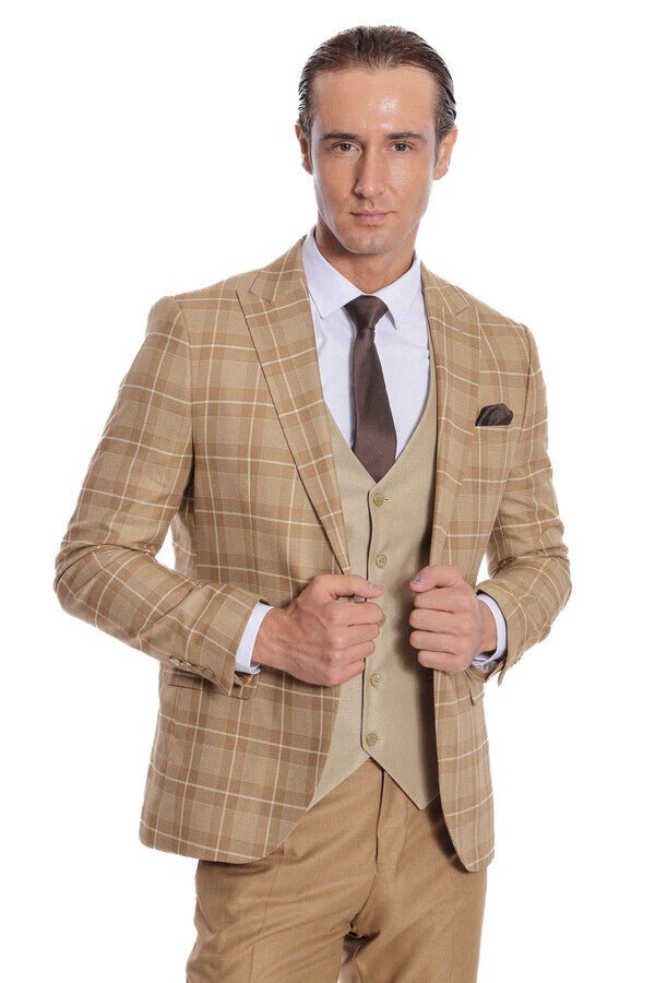 Slim Fit Checked Beige Men Suit