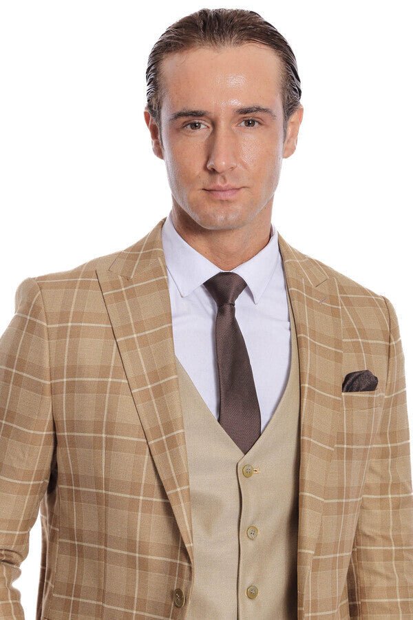 Slim Fit Checked Beige Men Suit