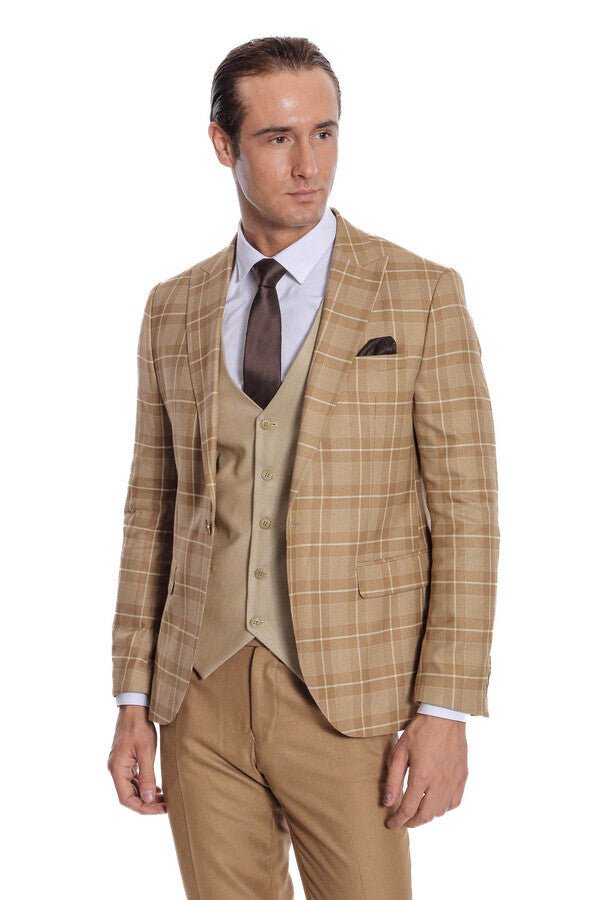 Slim Fit Checked Beige Men Suit