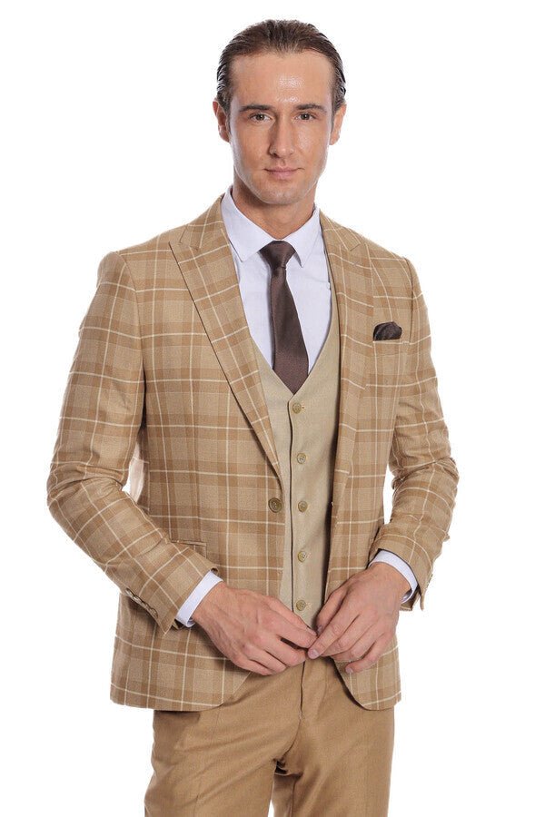 Slim Fit Checked Beige Men Suit