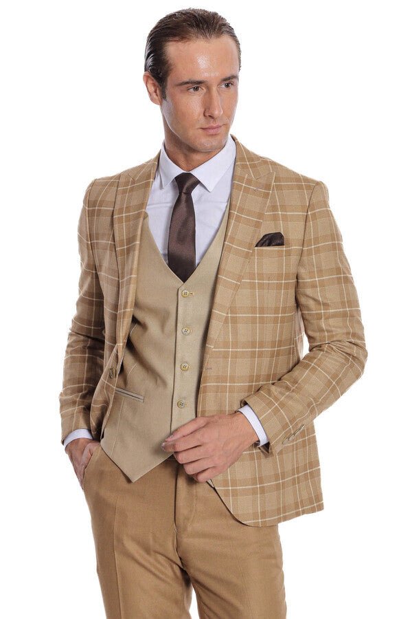Slim Fit Checked Beige Men Suit