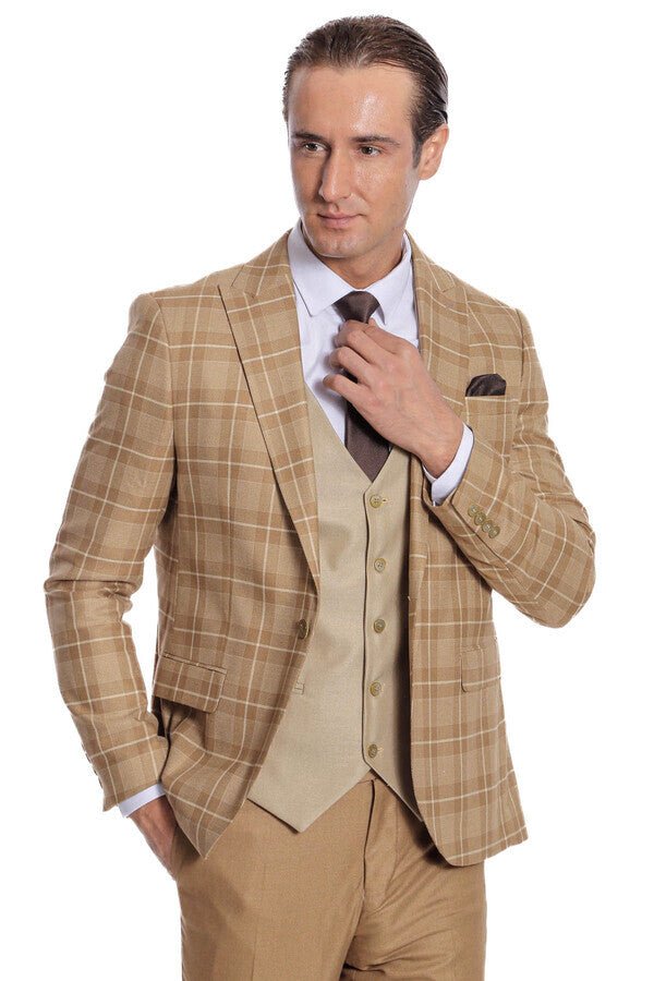 Slim Fit Checked Beige Men Suit