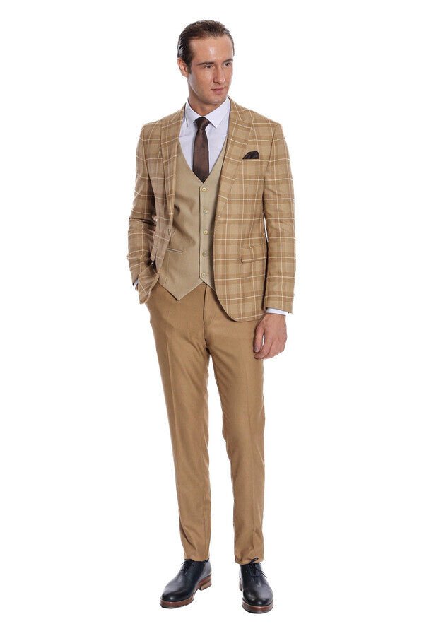 Slim Fit Checked Beige Men Suit