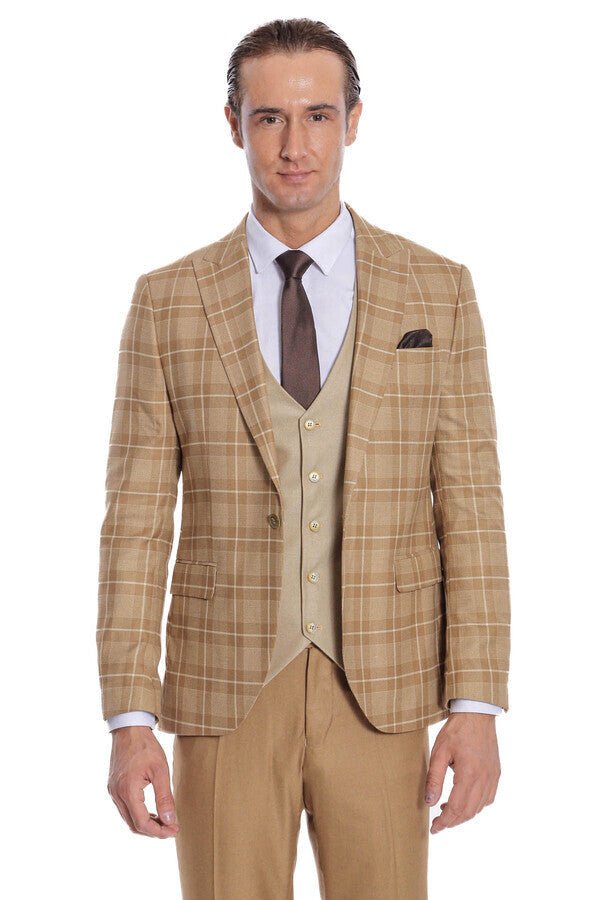 Slim Fit Checked Beige Men Suit