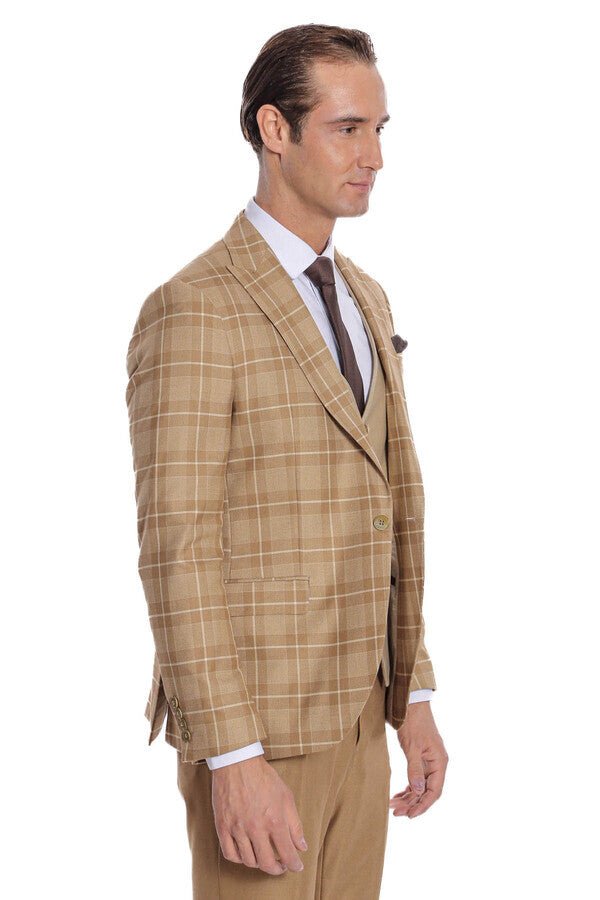 Slim Fit Checked Beige Men Suit