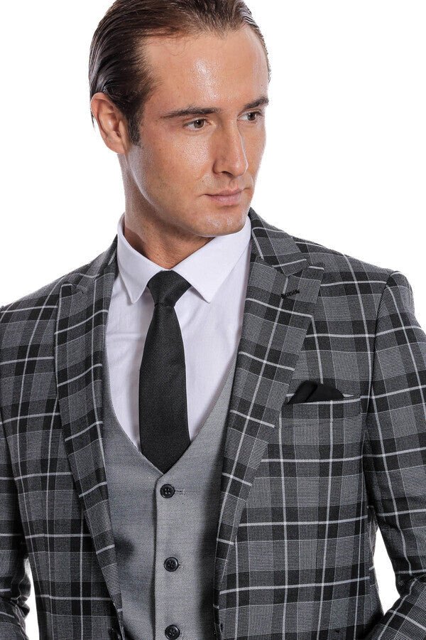 Slim Fit Checked Black Men Suit