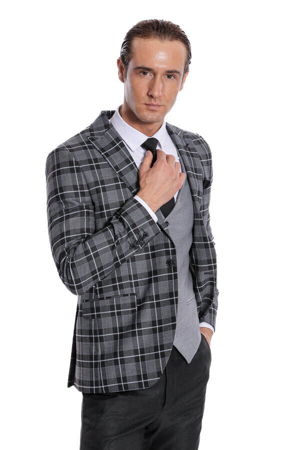Slim Fit Checked Black Men Suit