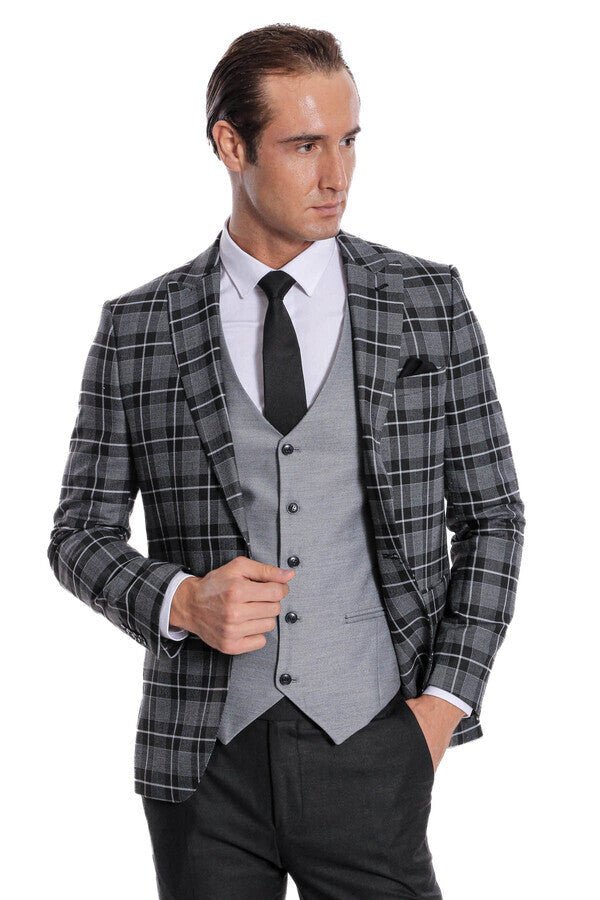Slim Fit Checked Black Men Suit