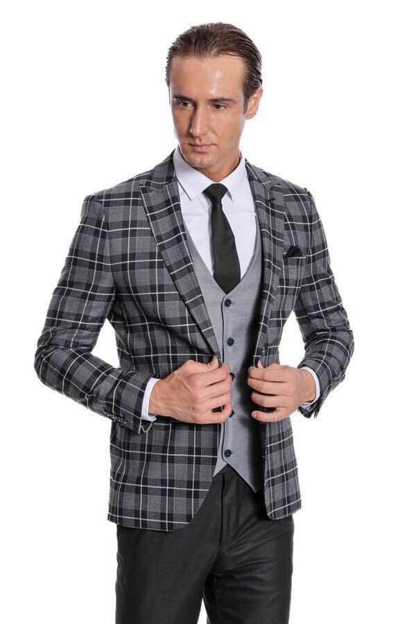 Slim Fit Checked Black Men Suit