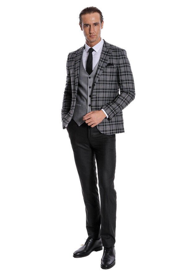 Slim Fit Checked Black Men Suit