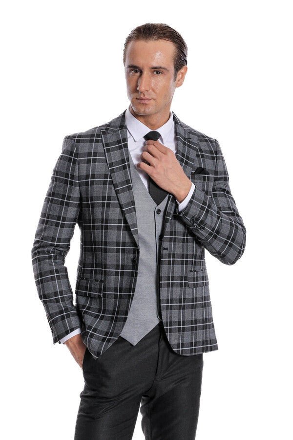 Slim Fit Checked Black Men Suit