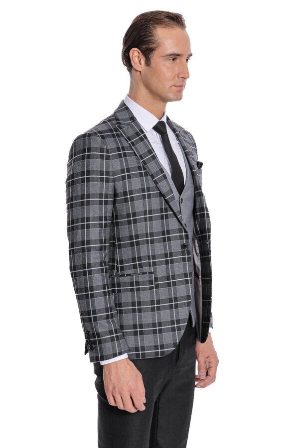 Slim Fit Checked Black Men Suit