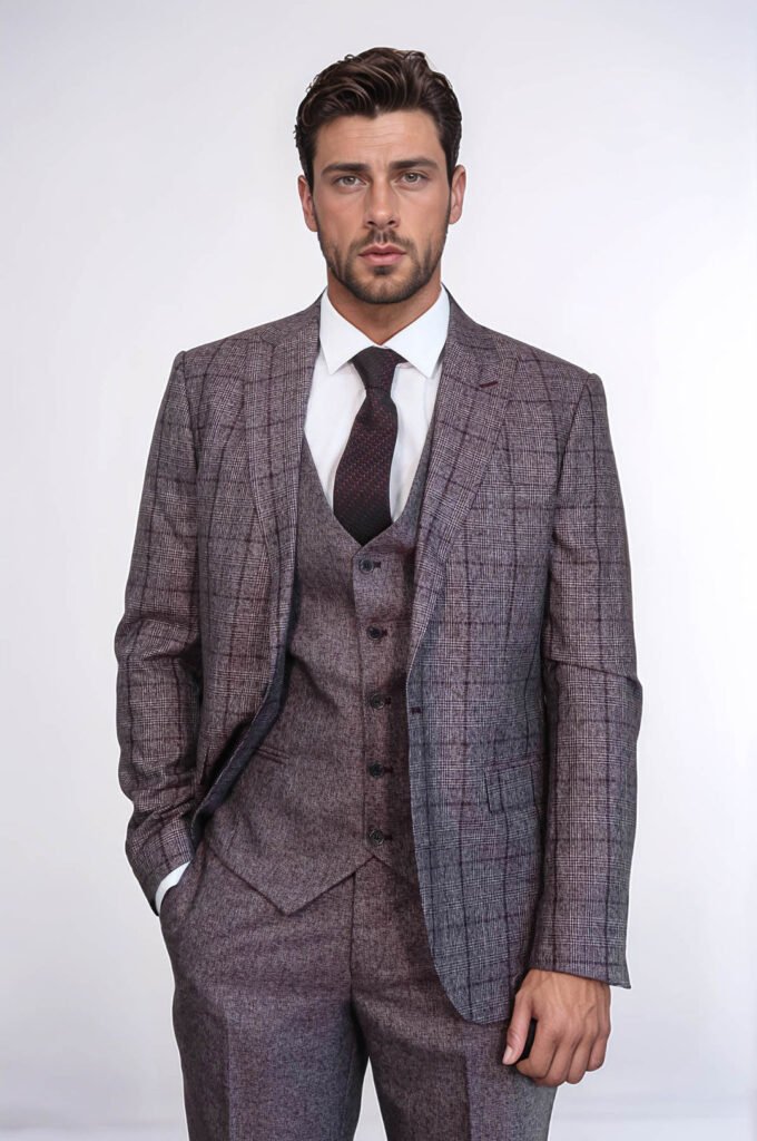 Slim Fit Checked Burgundy Men Suit