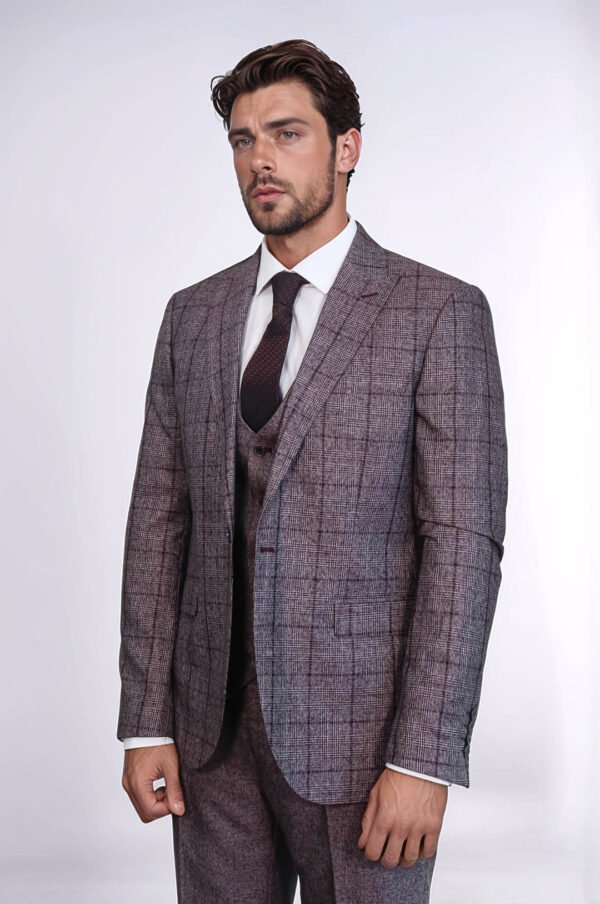 Slim Fit Checked Burgundy Men Suit