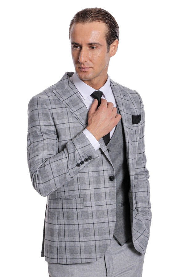 Slim Fit Checked Grey Men Suit
