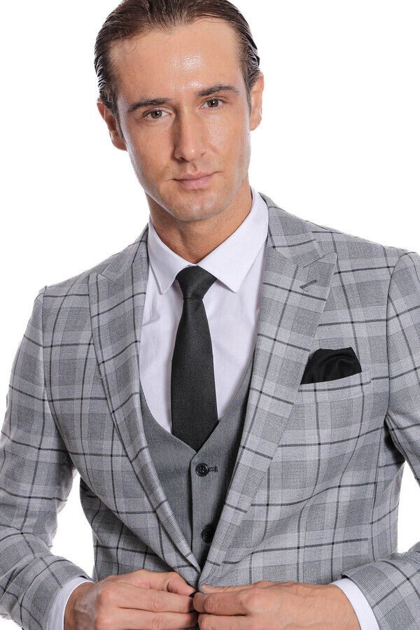 Slim Fit Checked Grey Men Suit
