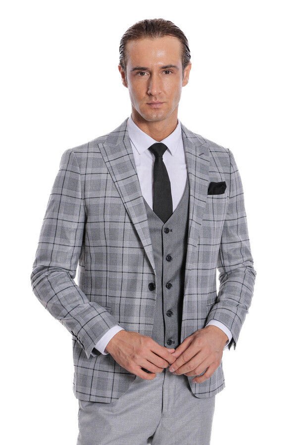 Slim Fit Checked Grey Men Suit