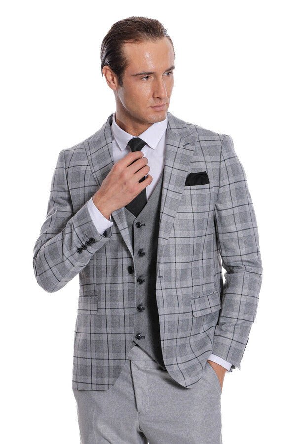 Slim Fit Checked Grey Men Suit