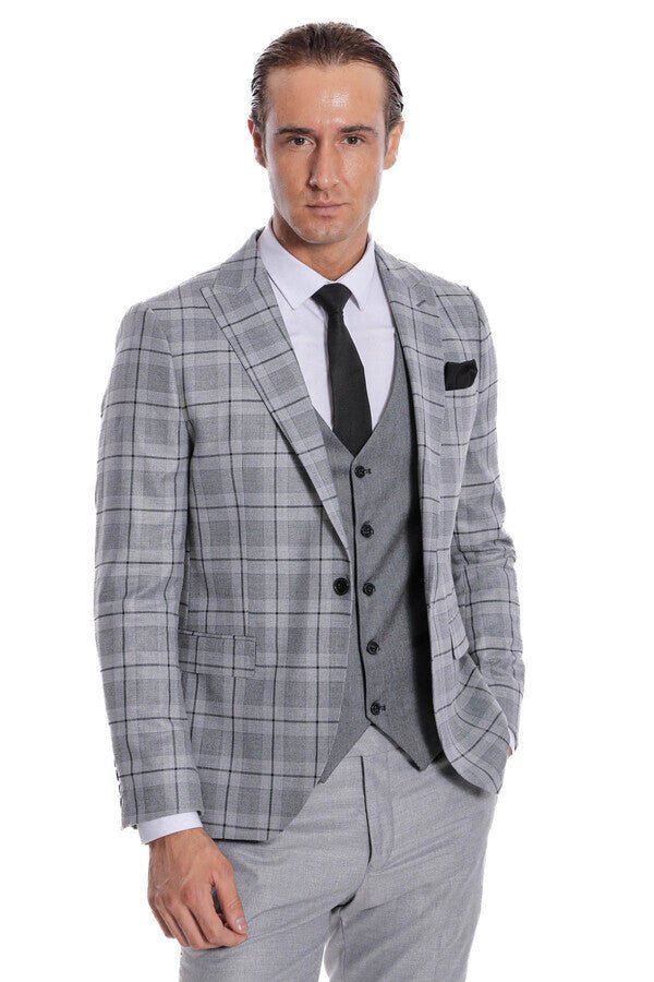 Slim Fit Checked Grey Men Suit