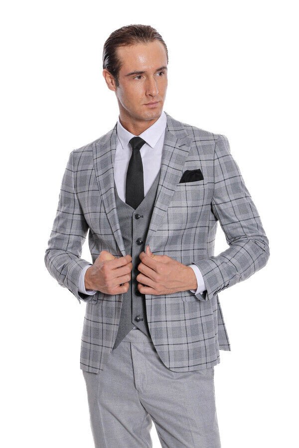 Slim Fit Checked Grey Men Suit